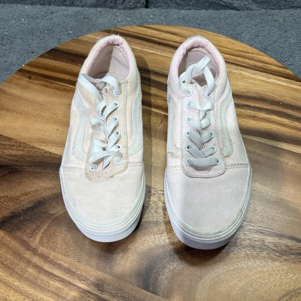 Vans Girls Canvas Chalk Pink‎ White Lace Up Low Top Shoes Sneakers Size 2